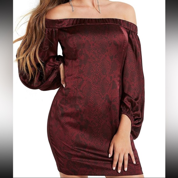NWT Guess Jana wine snakeskin off-the-shoulder mini dress, size 2 - Picture 1 of 11